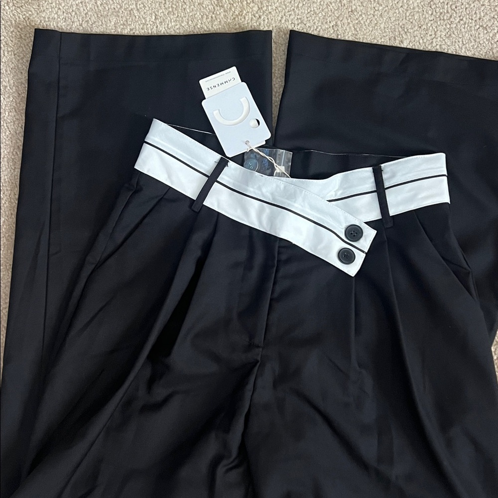 Commense Black Wide-Leg High-Waist Pants with Contrast White Waistband - Picture 4 of 8